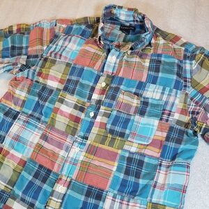 Lands End Men's Medium Patchwork Madras Plaid Short Sleeve Shirt Beach Hike